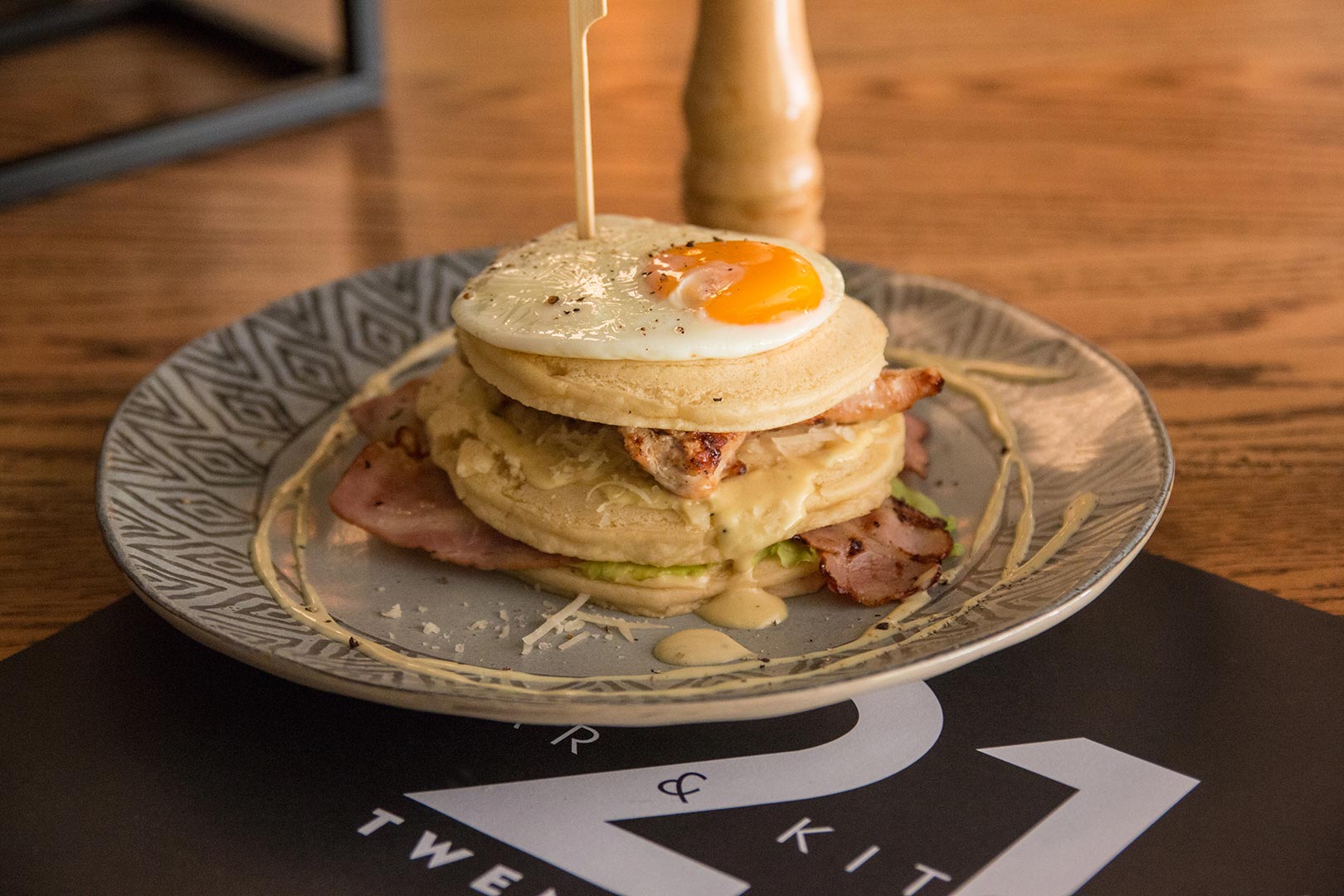 pancakes egg ham breakfast brunch